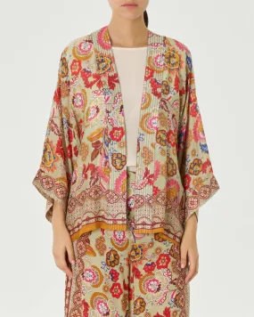Kimono corto verde chiaro a fantasia floreale d'ispirazione indiana arancio e multicolore in cupro e modal